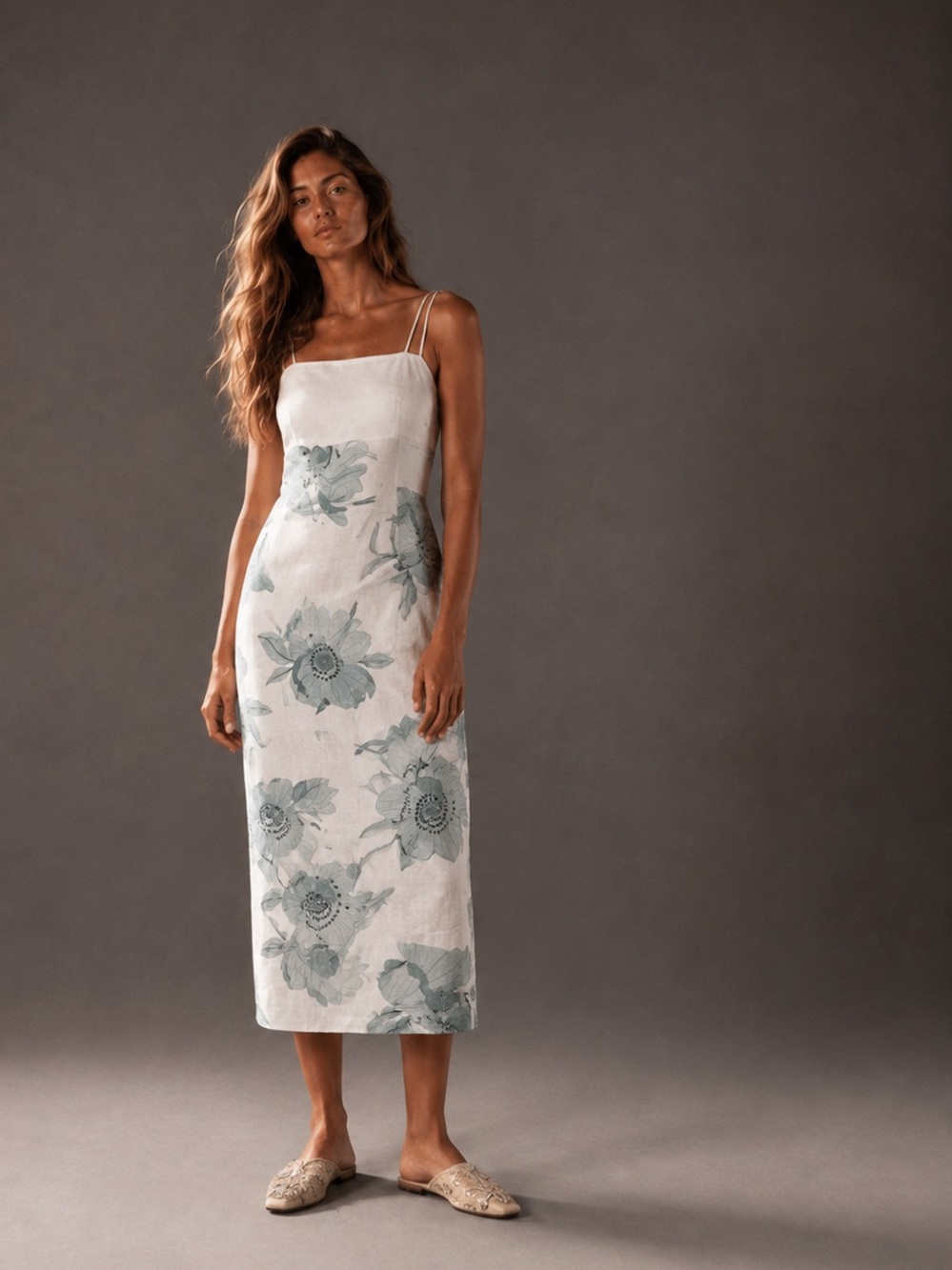 Joie White Midi Dress with Sage Floral Print